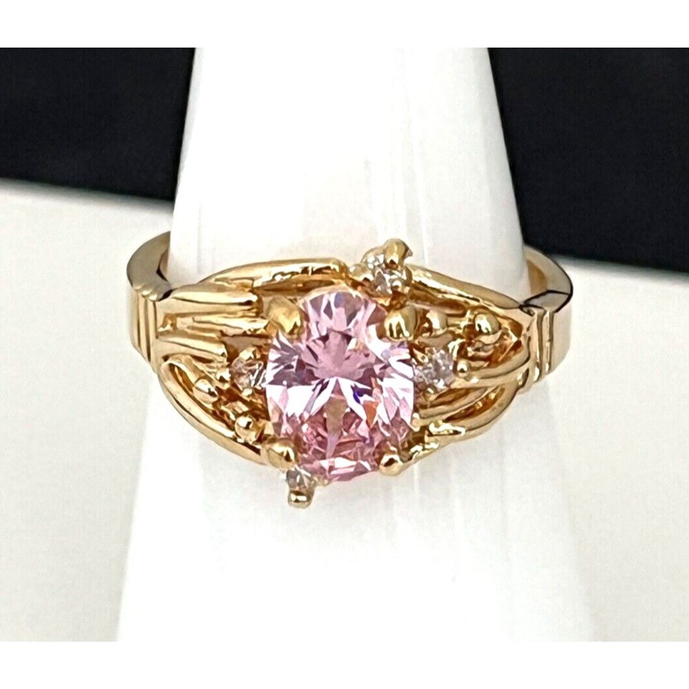 Vintage 1970s Ring Size 5 Pink CZ Cocktail Gold Plated Band - 14V - Picture 4 of 6